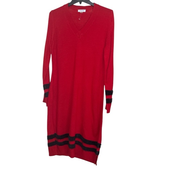 Calvin Klein v neck knit sweater dress faux fur black stripe long sleeve sz XL - Picture 1 of 5